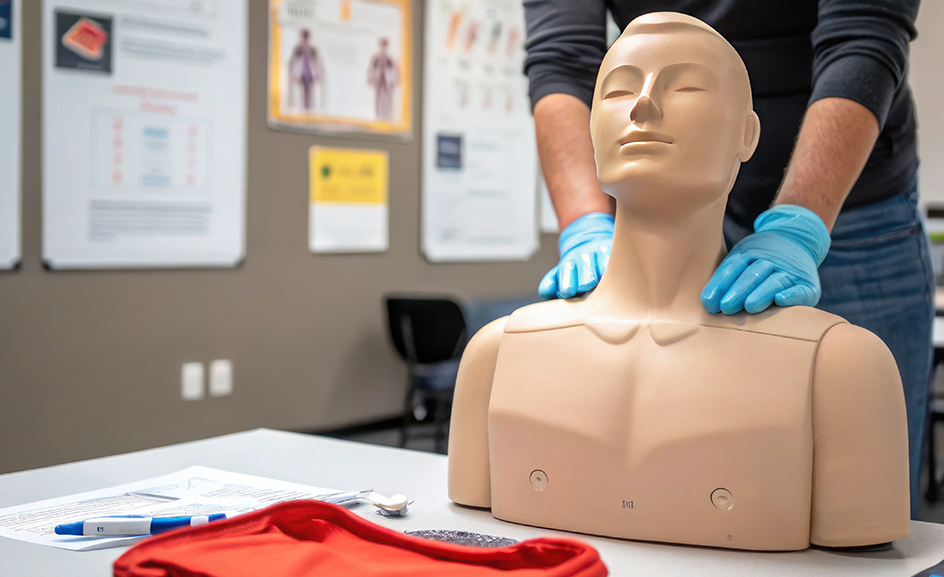 Image of a CPR mannequin with a person behind it