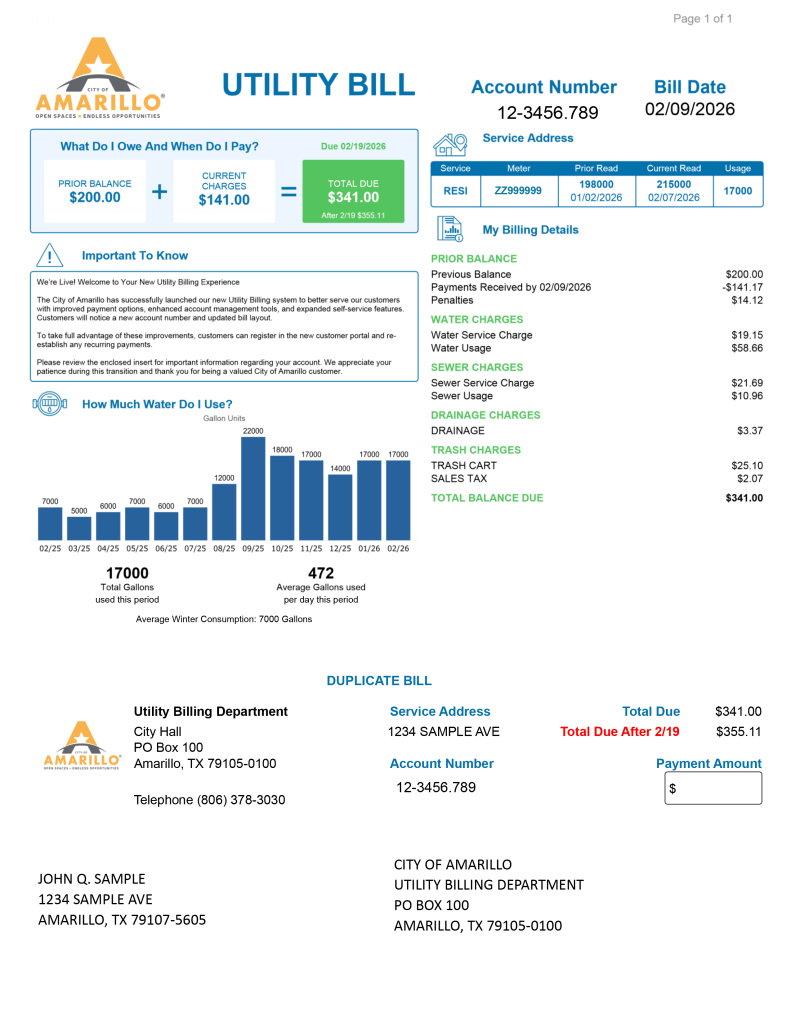 City of Amarillo Sample Utility Bill Spring 2026