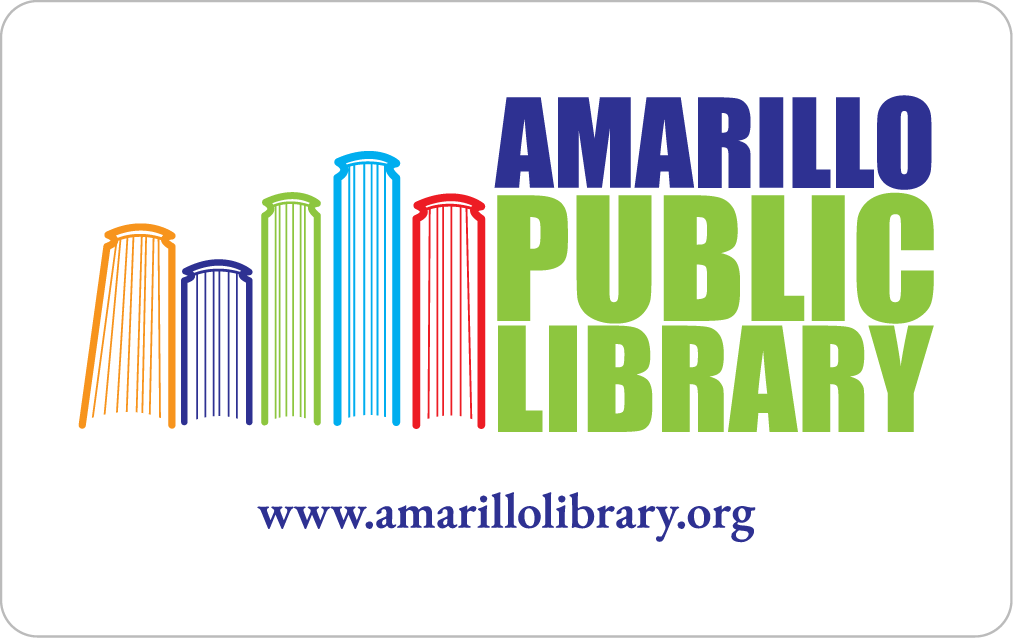 The front of an Amarillo Public Library card featuring the logo, which includes book icons, and the library's website