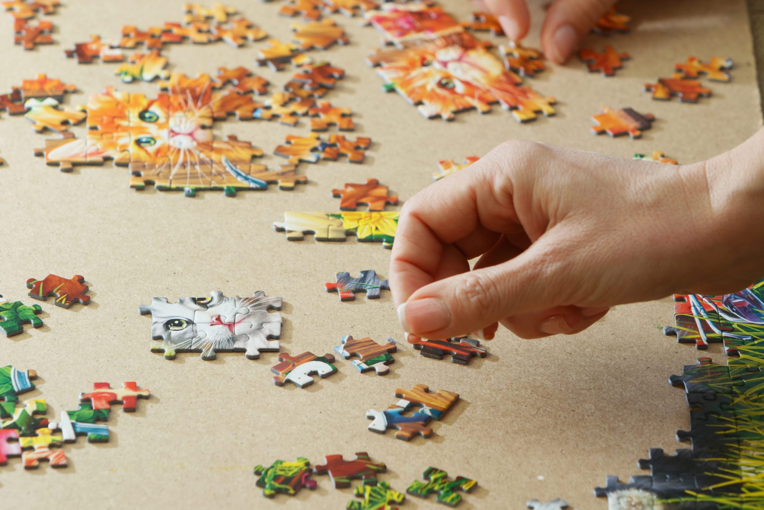 A close up of a person working on putting a jigsaw puzzle together