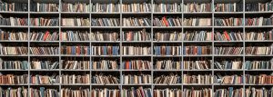 A row of library stacks filled with books