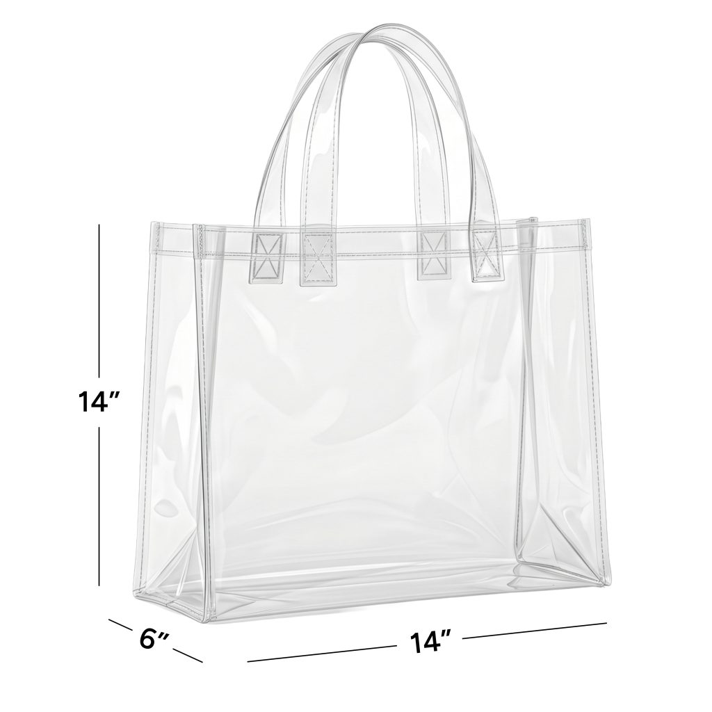 A clear plastic tote bag with measurements of 14 wide inches by 14 inches tall by 6 inches in depth