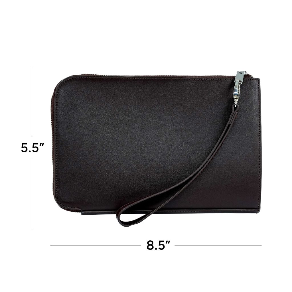A black wristlet clutch measuring to be 8.5 inches wide by 5.5 inches tall