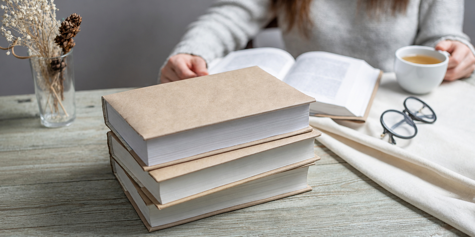 A stack of three books wrapped in brown paper with someone reading next to them