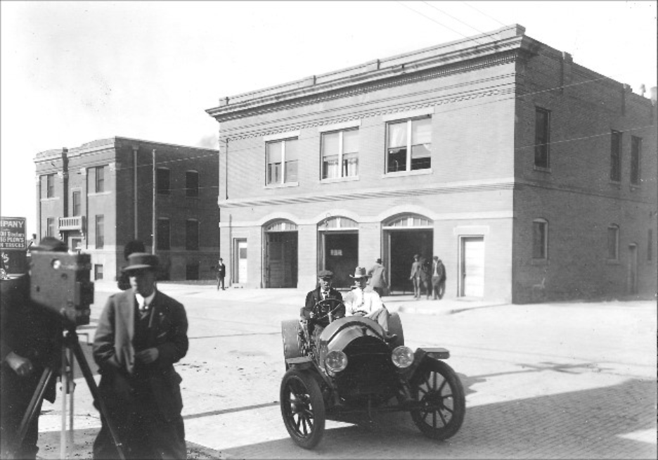 A vintage photo of a fire station and city hall in Downtown Amarillo
