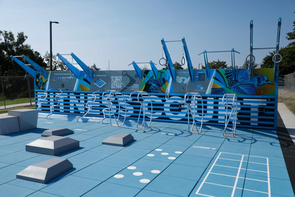 The new Fitness Court at John Ward Memorial Park showcasing a variety of body-weight workout stations