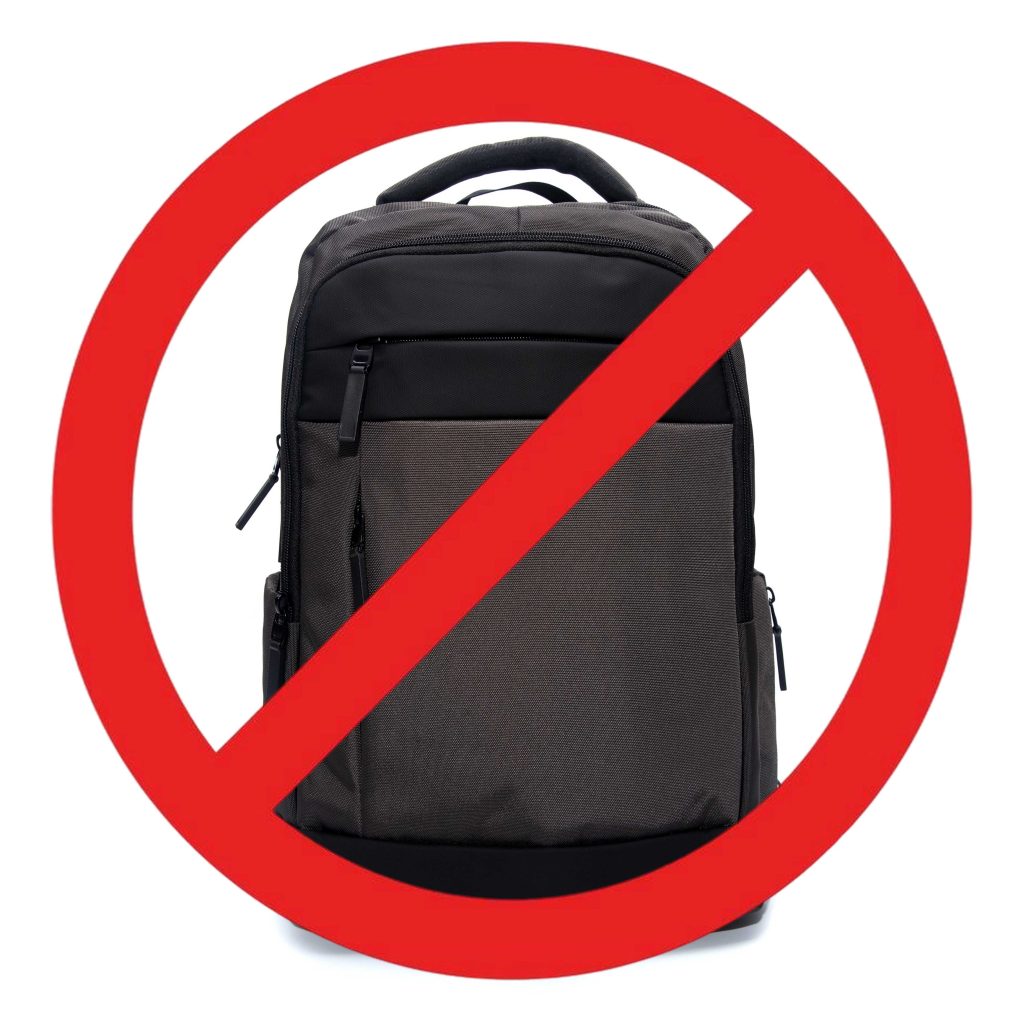 A black backpack with a red prohibited icon on top