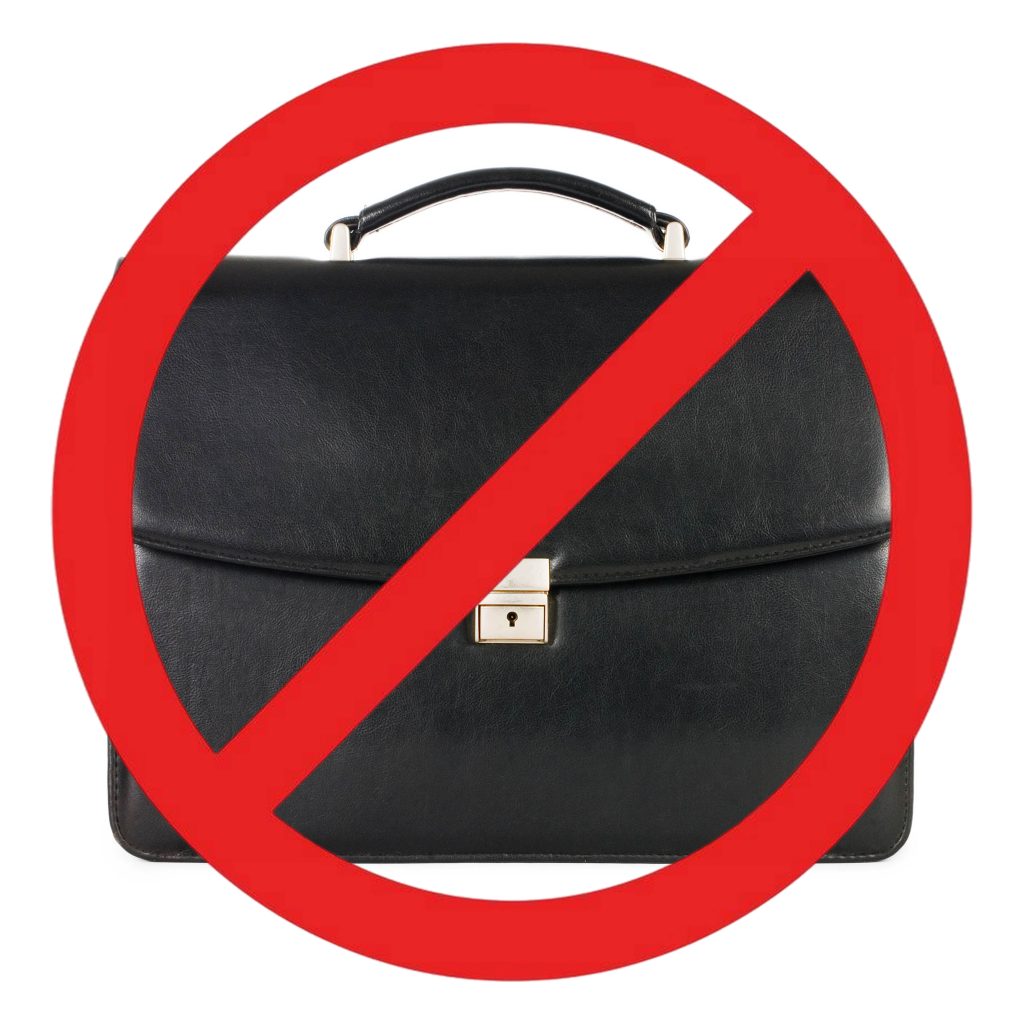 A black briefcase with a red prohibited icon on top