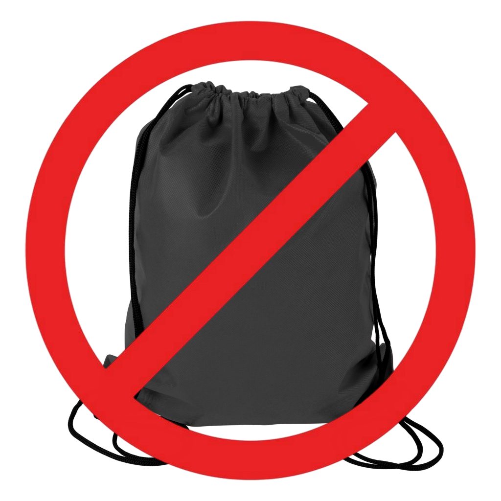 A black drawstring bag with a red prohibited icon on top