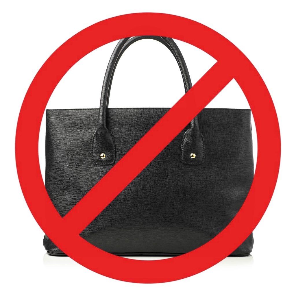 A large black purse with a red prohibited icon on top