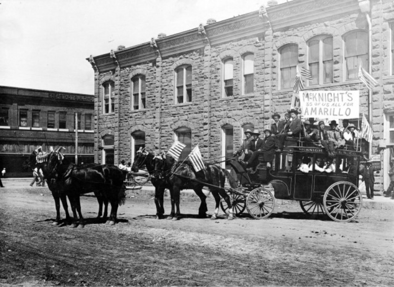 A vintage photo of the First National Bank building, c. 1900