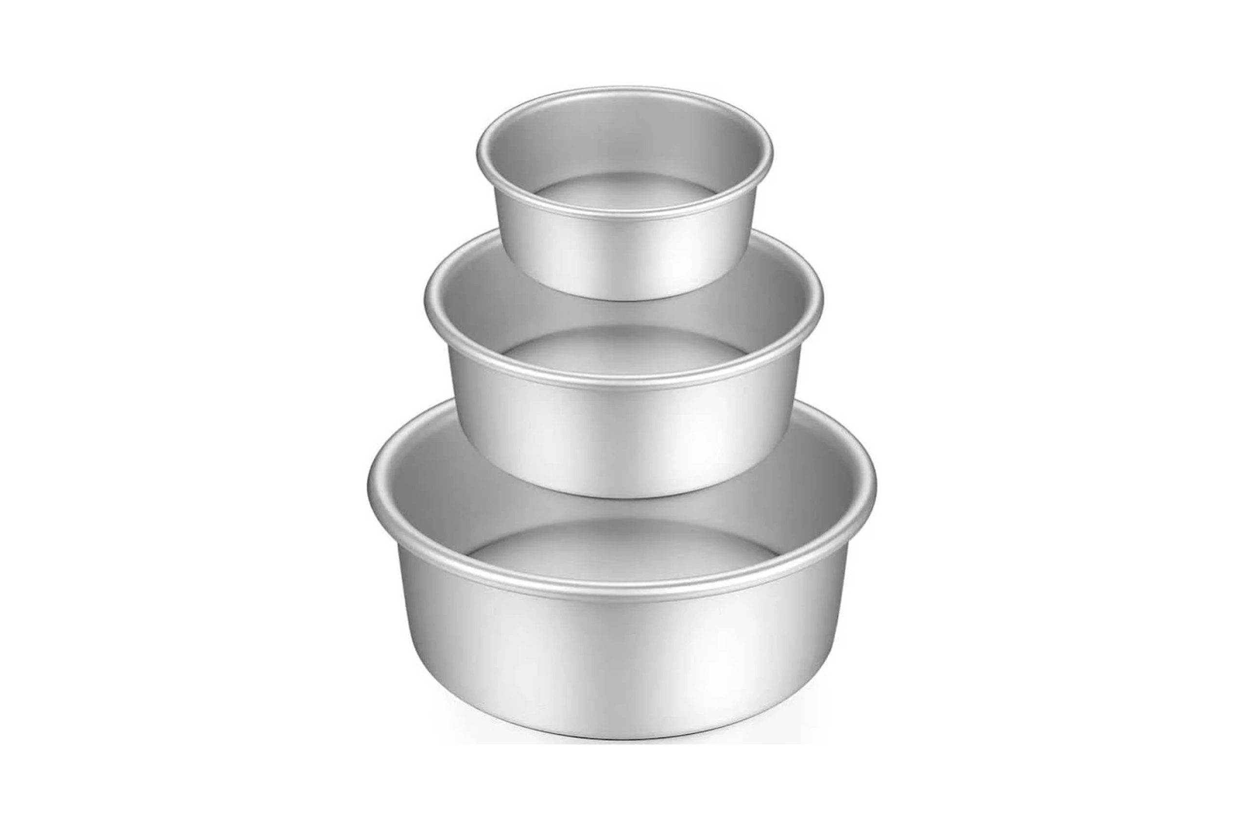 3 silver cake pans of incremental sizes