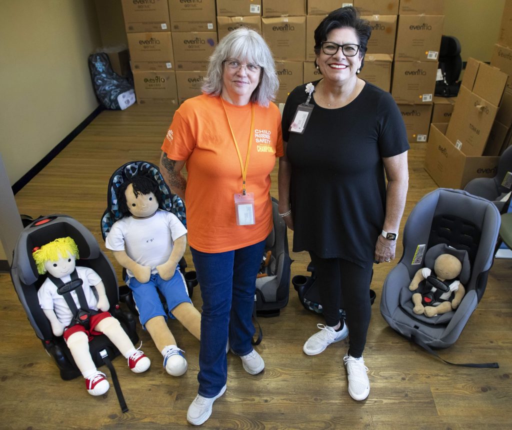 Cindi Wynia (left) and Barbara Solano-Haile (right) of APH have given out more than 2,000 car seats to the Amarillo community in the past four years.