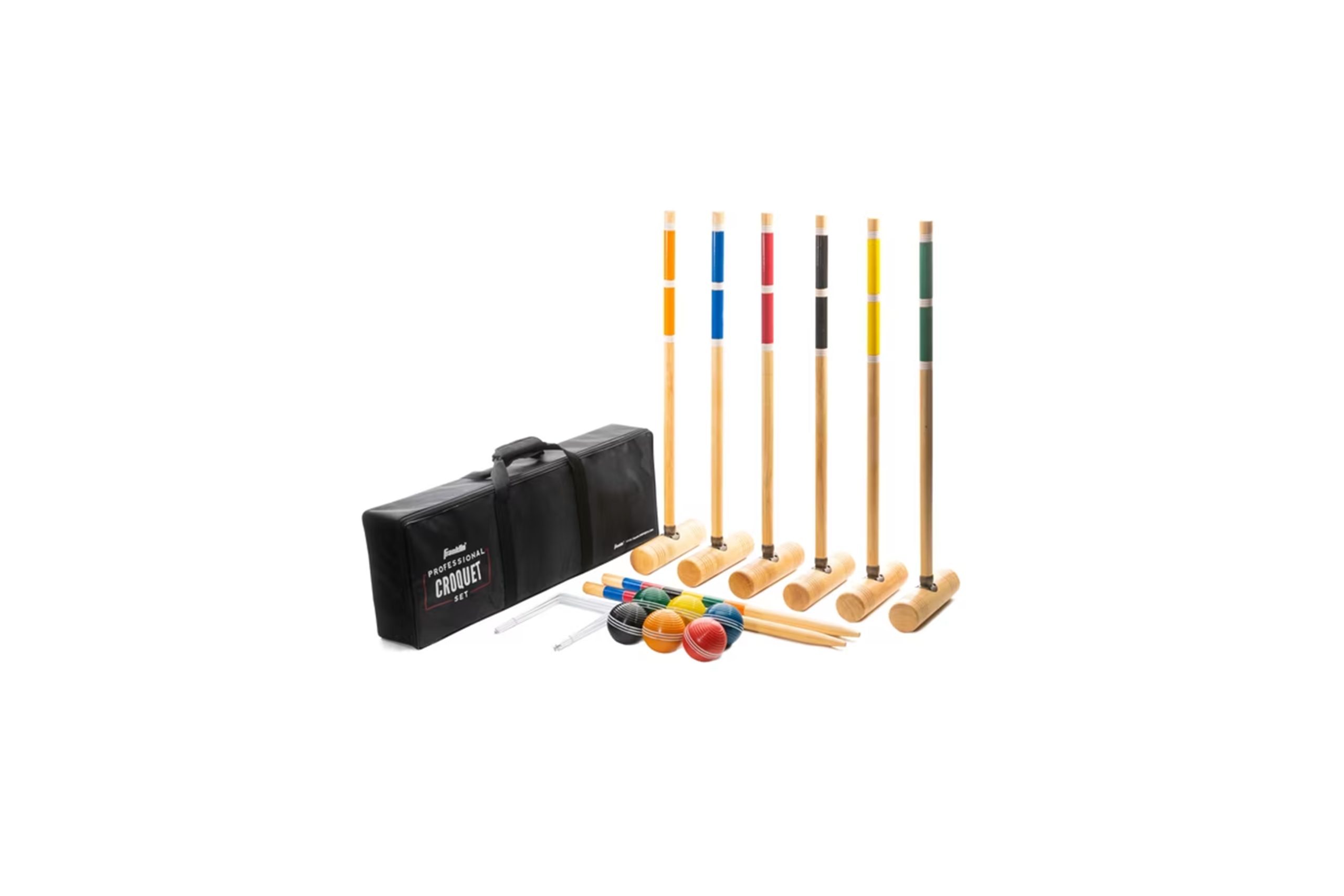A croquet set with 6 mallets, 6 balls, and a carrying case