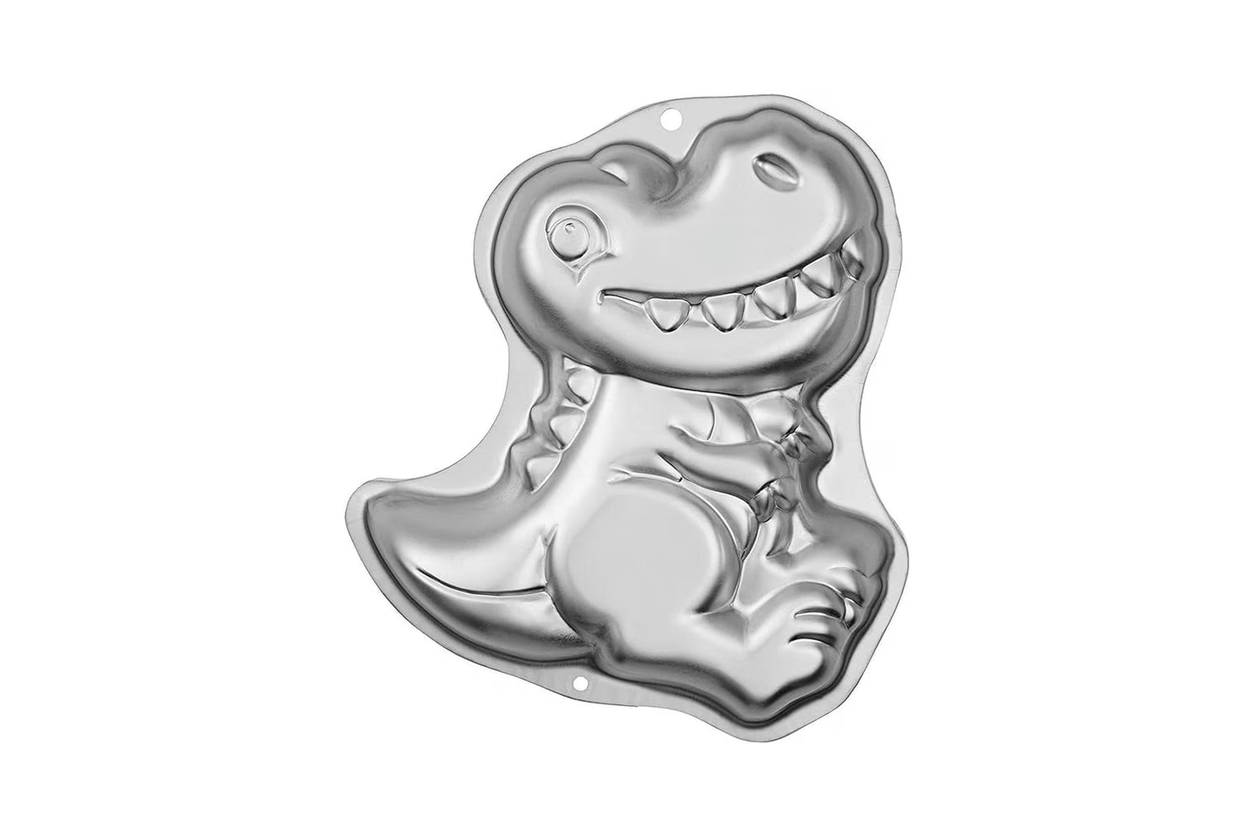 A silver dinosaur-shaped cake pan