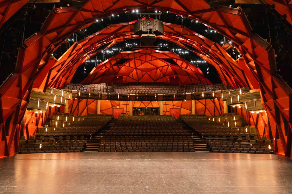 The Performance Hall stage looking onto the seating area of the Globe News Center for the Performing Arts