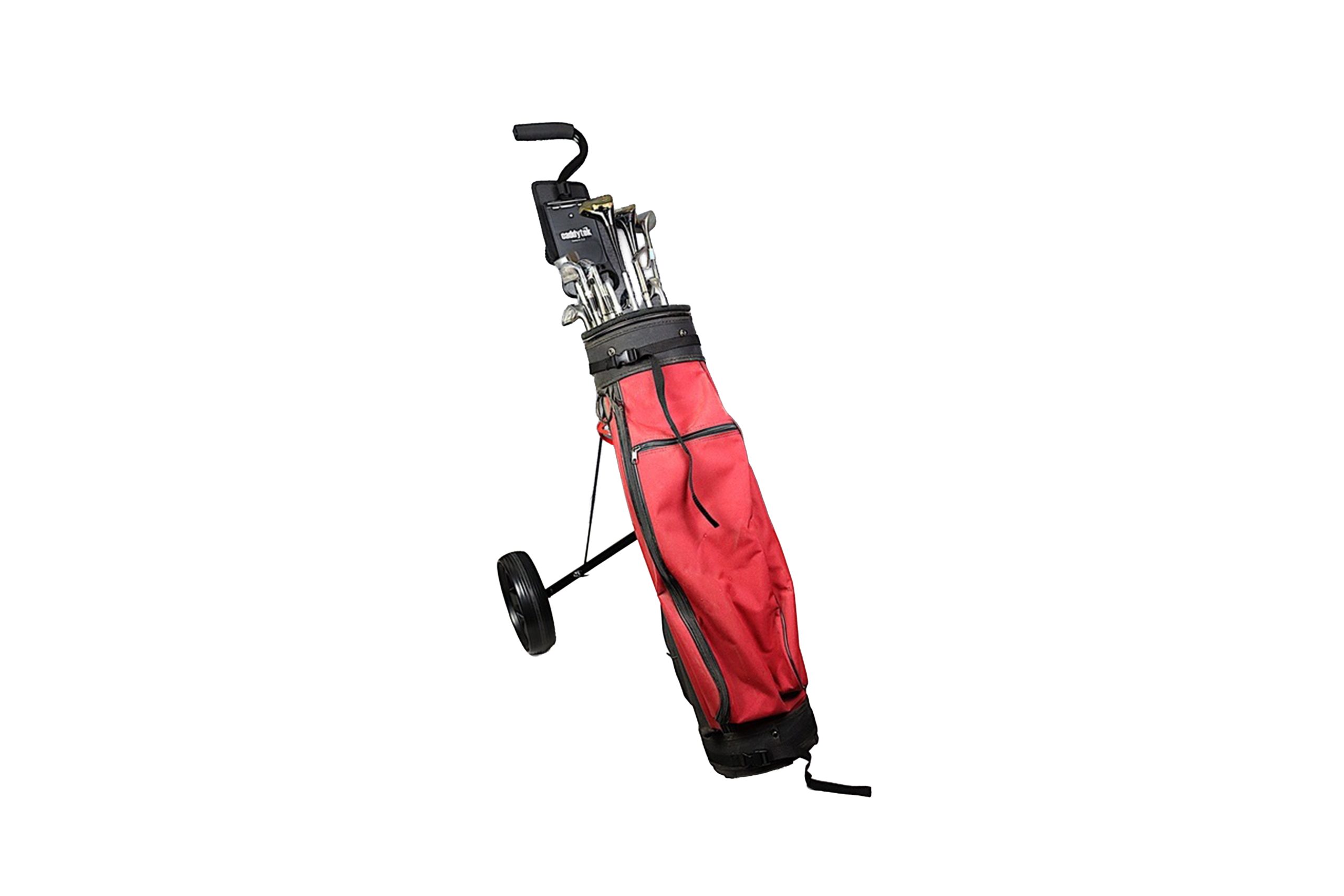 A red golf bag full of golf clubs