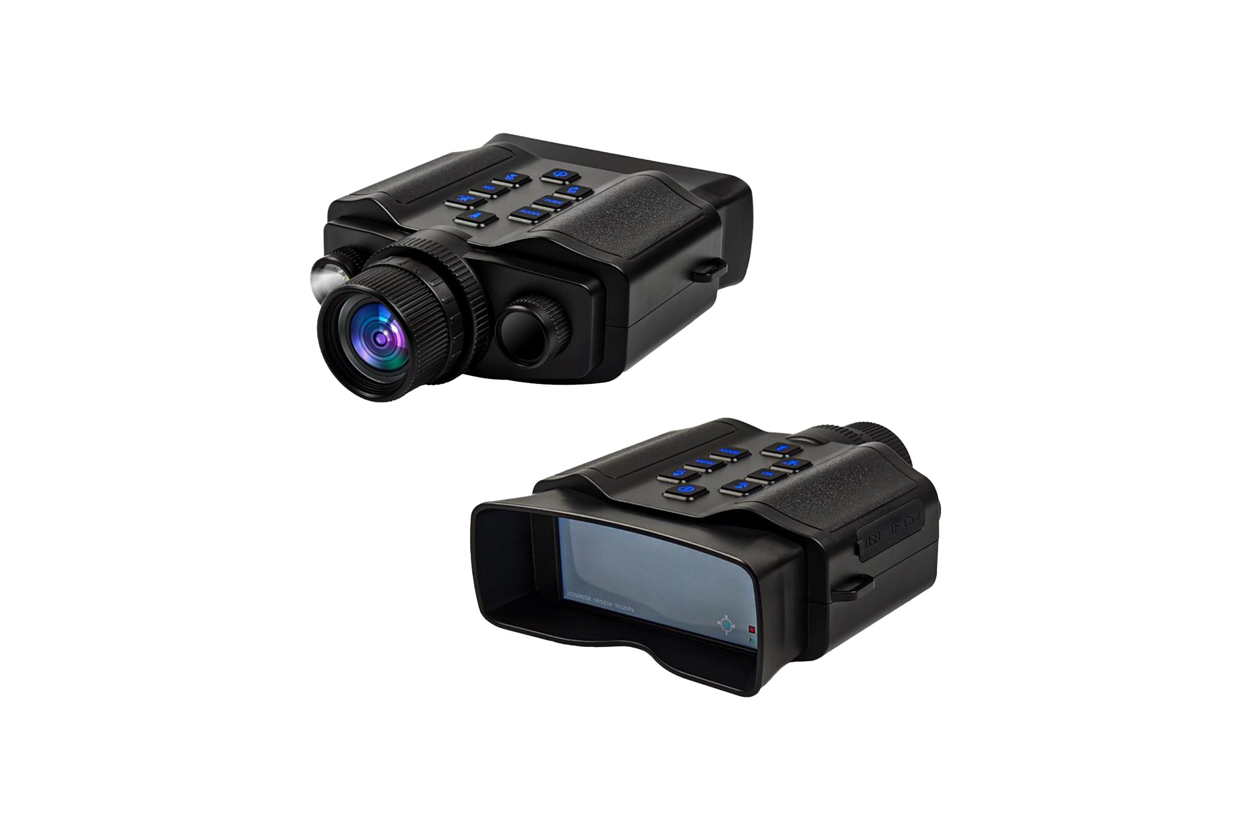 The front and back view of a pair of black night vision binoculars