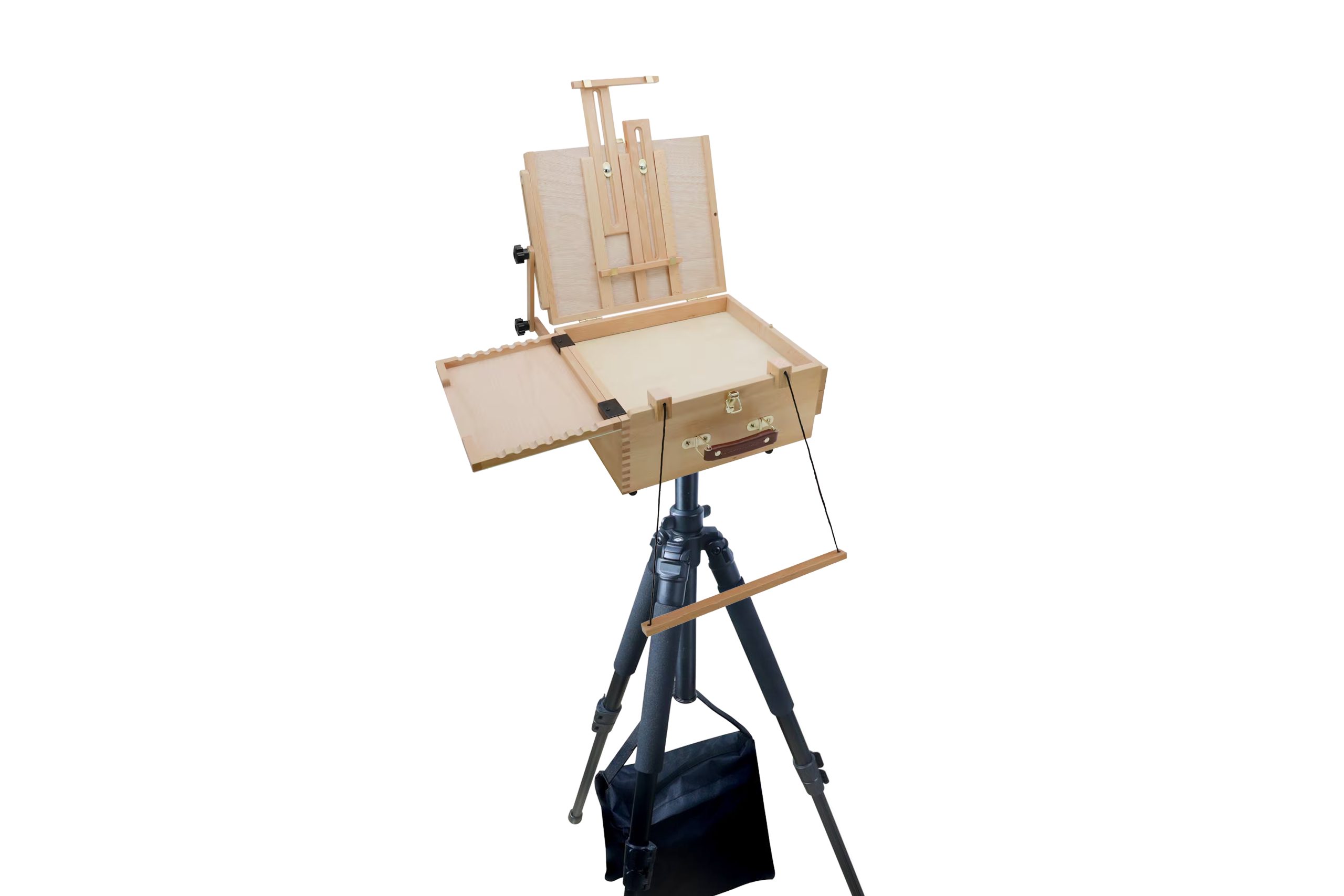 A wooden painting easel on top of a black tripod