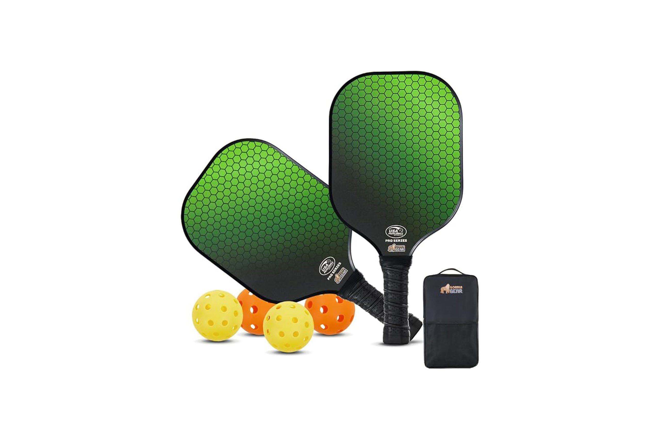 A set of two green pickleball rackets, 2 yellow waffle balls, 2 orange waffle balls, and 1 black carrying case