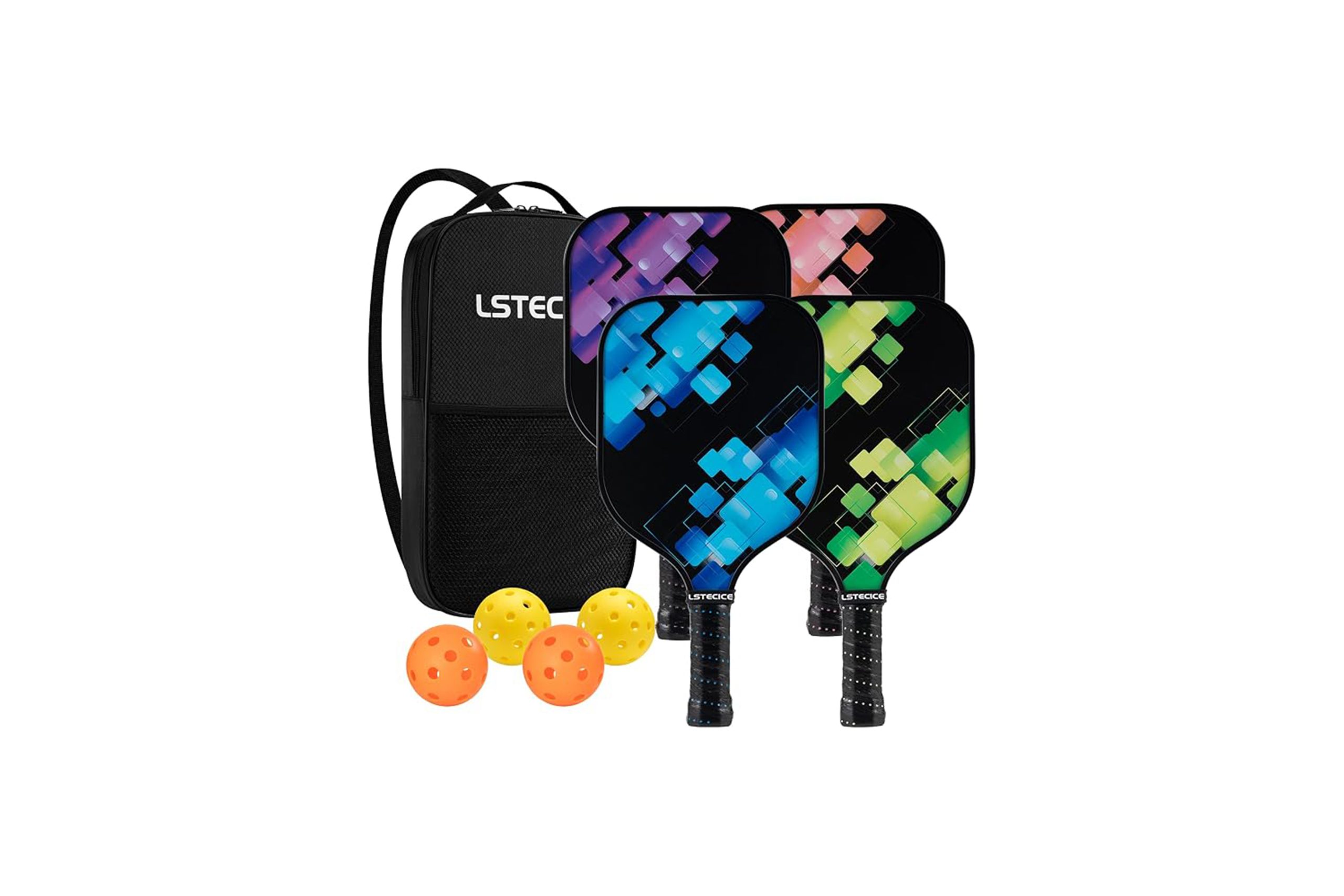 Four pickleball paddles in various colors, waffle balls, and carrying case