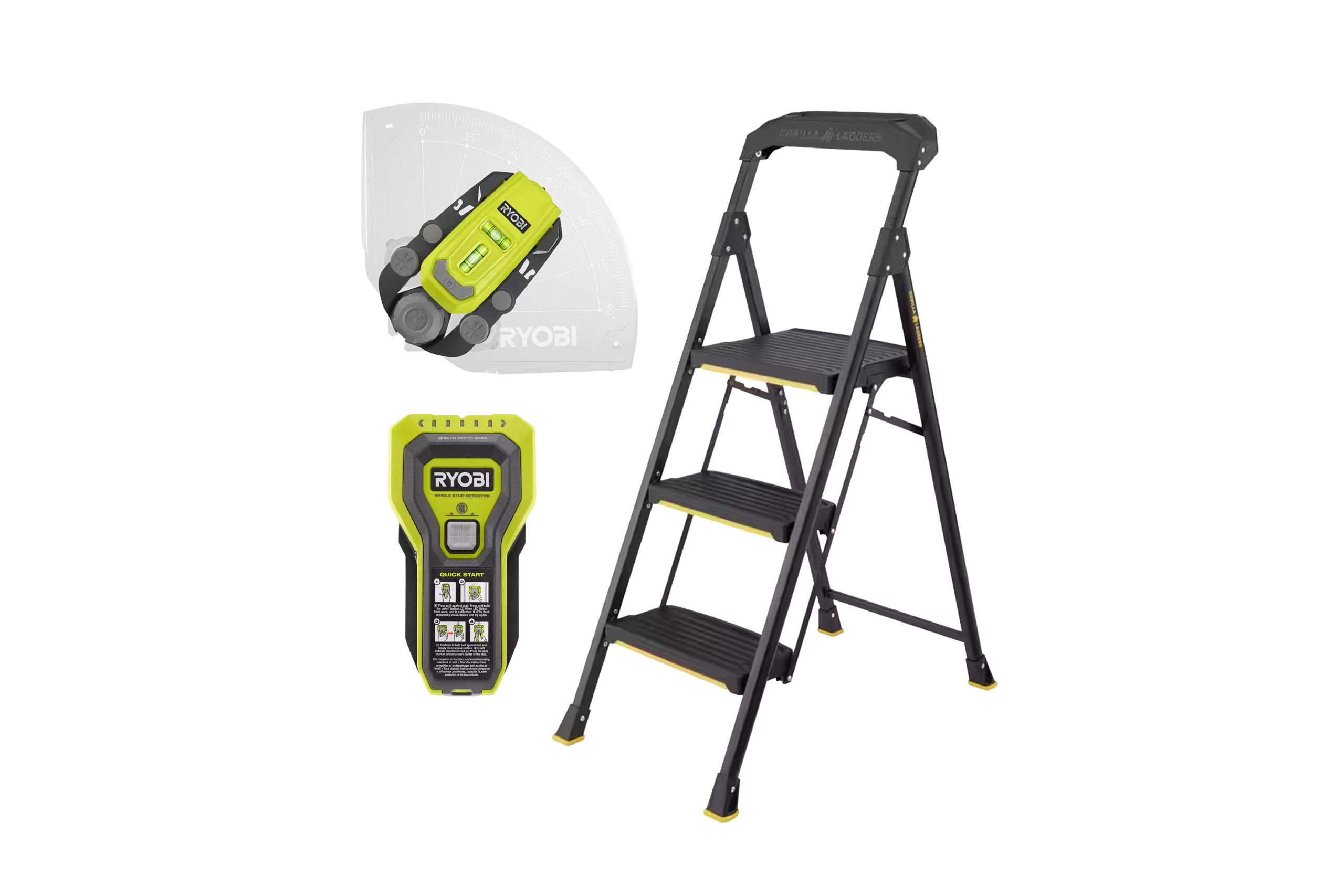 A collage of a black three-step ladder, a green RYOBI stud finder, and green RYOBI laser level