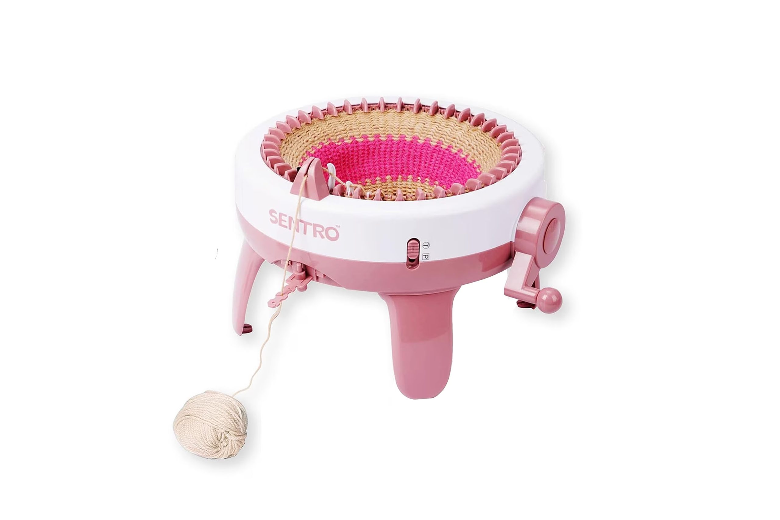 A pink and white Sentro brand knitting machine