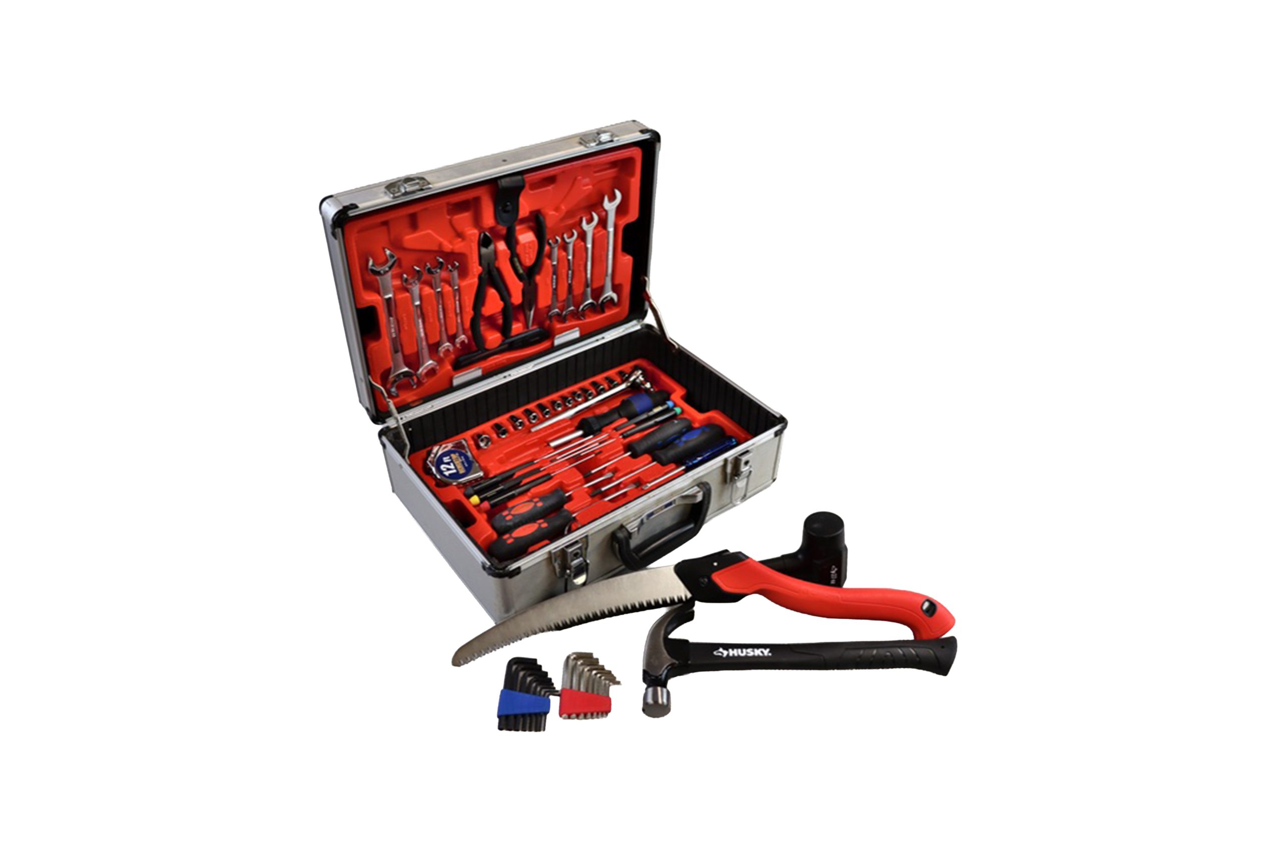 A silver aluminum case full of various screwdriver, wrenches, and other tools next to a hammer, Allen wrench set, and foldable hand saw