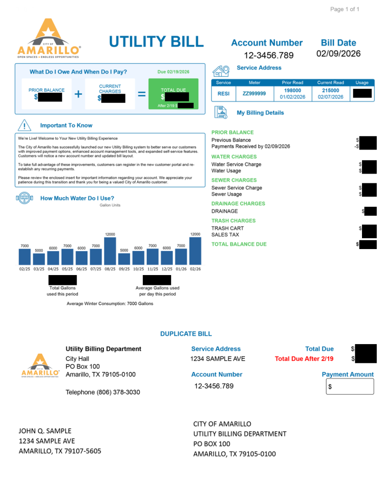 A sample water bill from the City of Amarillo