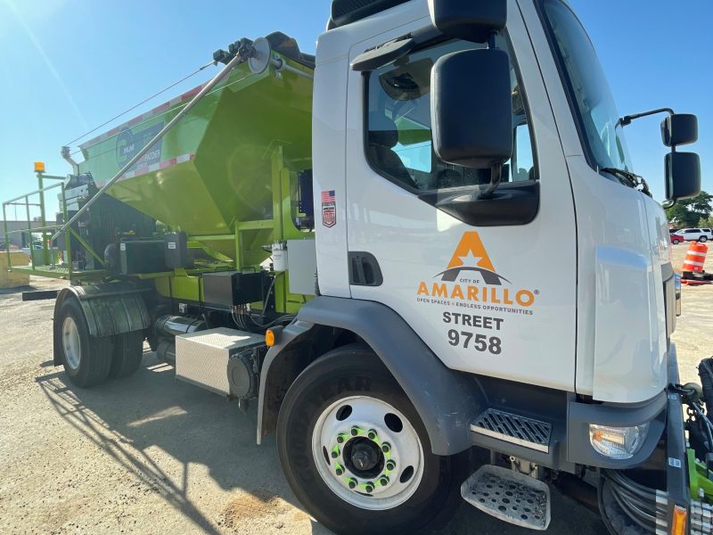 City of Amarillo Street Department DuraPatcher truck, unit 9758, parked at a work site.