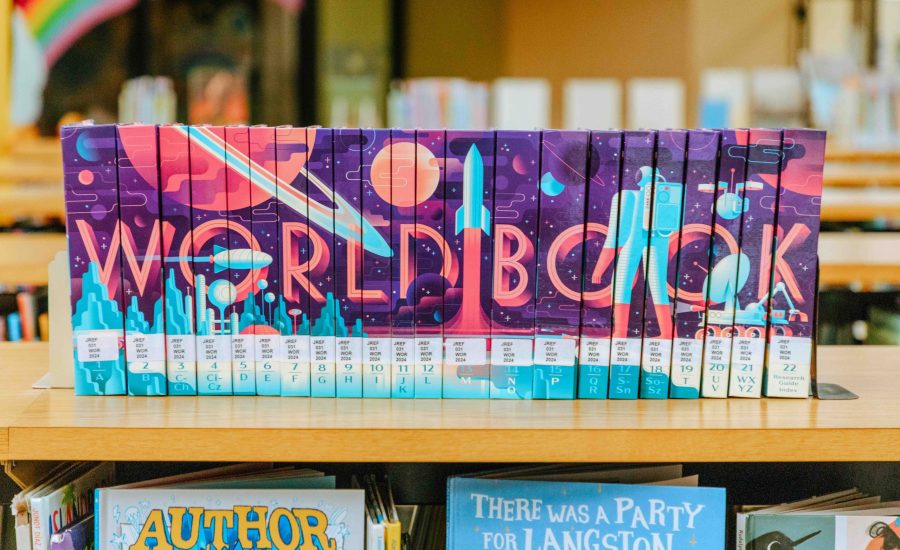 A close up of the Worldbook series where each book spine features part of the series' name