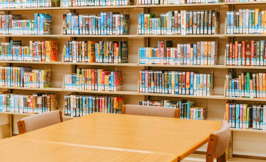 A row of books next to a large rectangular table with chairs around it at the East Branch