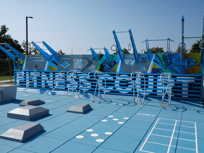 The new Fitness Court at John Ward Memorial Park showcasing a variety of body-weight workout stations