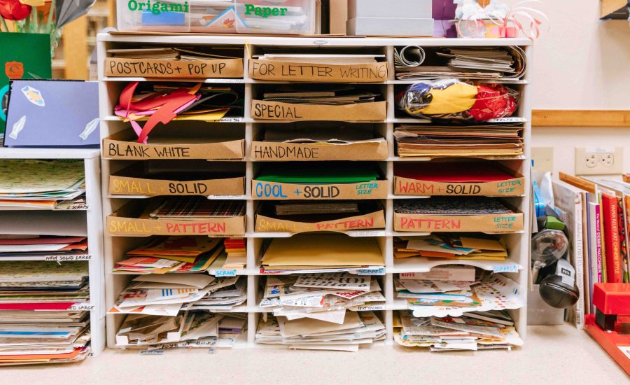 A paper organizer with various paper craft supplies