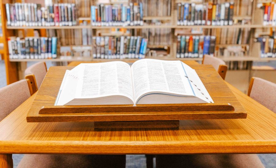 An open dictionary on a book display