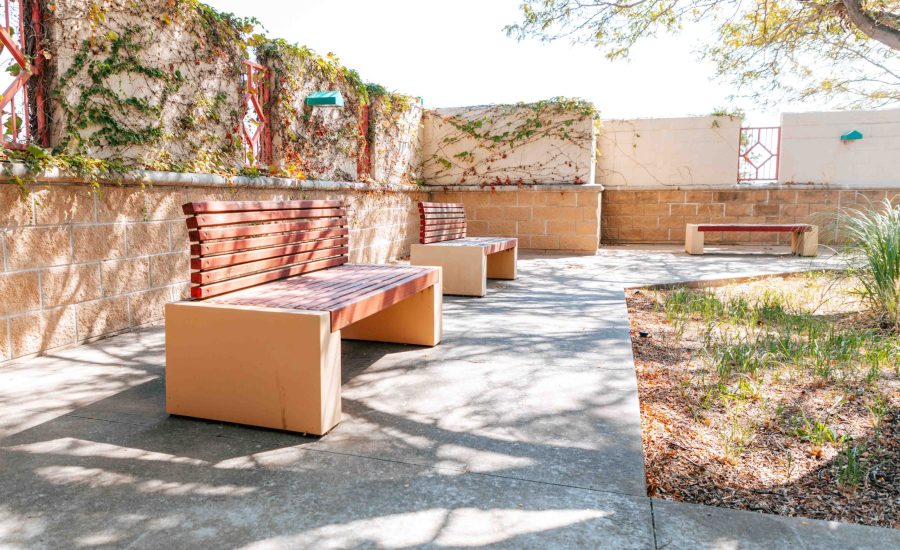 One of the Southwest Branch's outdoor patios with benches throughout